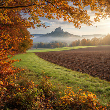 Medieval Castle on Misty Hill Overlooking Plowed Fields and Autumn Foliage Landscape
