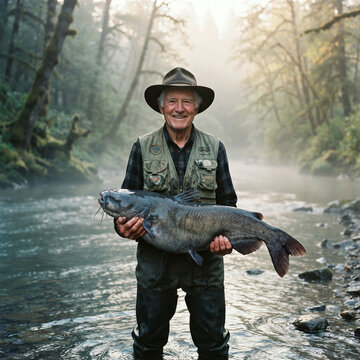 Elderly angler in a green vest holding a large catfish in a wooded river