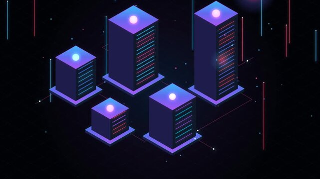 Glowing 3D isometric database server racks in futuristic network data center room animation