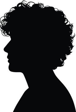 Black silhouette profile of a young man with curly hair isolated on a white background, for use and, portrait applications