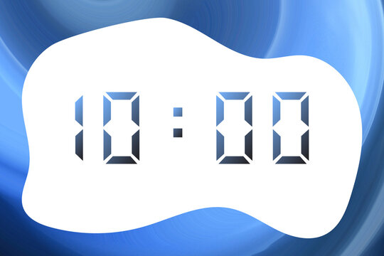 A blue-black gradient digital clock displaying 10:00 against an abstract blue background.