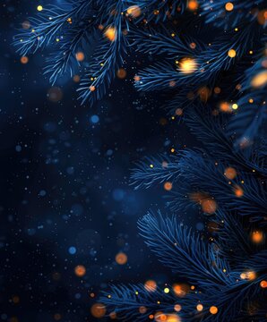 dark blue christmas frame background with fir tree branches and gold glowing lights