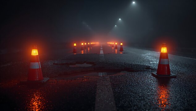 Generative AI captures a foggy night scene with traffic cones on a dark road