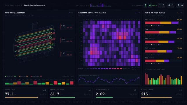 A visually engaging dark-mode predictive maintenance dashboard for boilers featuring an isometric schematic, animated heatmap, and real-time data visualization in 4K resolution.