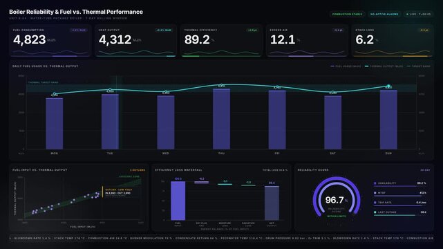 A visually captivating 4K dashboard showcasing boiler reliability and fuel versus thermal performance with dynamic animations and modern dark glassmorphism design elements.