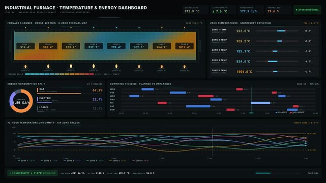 Explore a dark-mode industrial furnace temperature and energy dashboard featuring real-time data visualization with animated graphics and vibrant color-coded temperature zones.