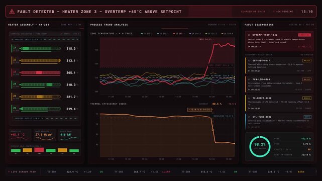 The industrial heater fault detection dashboard displays overheating alerts and efficiency loss metrics with a detailed graphical interface in a sleek design.