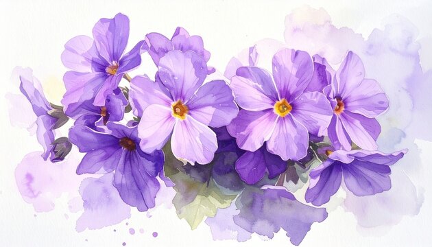 Soft watercolor painting of purple primula flower clusters on white background