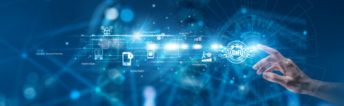 Decentralized Finance. Trader pointing the hand at glowing blockchain protocol transaction nodes and liquidity pool analytics display. Smart contract and digital asset trading.