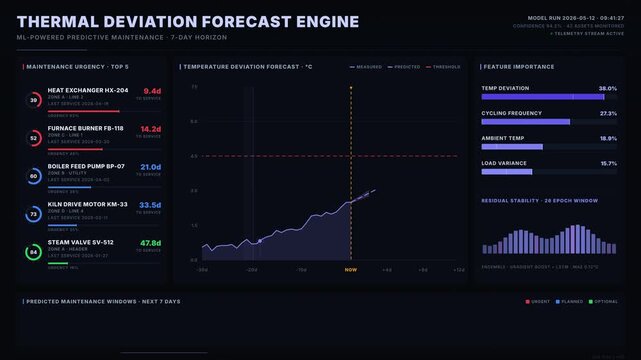 A cinematic dark dashboard for thermal equipment predictive maintenance featuring temperature deviation forecasting with vibrant indigo and violet analytics theme.
