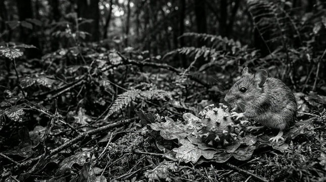 Monochrome mouse nibbling a mushroom on a leaf covered woodland floor bed