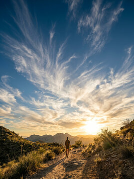 Person walking a desert path below low mountains at a vibrant sunset in soft daylight