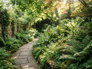 Naklejka premium Stone pathway winding through lush walled garden with ferns moss and dappled sunlight