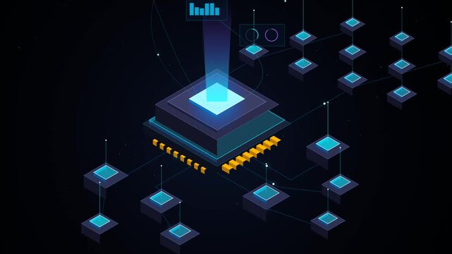 Isometric 3D microchip and blockchain network nodes data processing animation on dark background