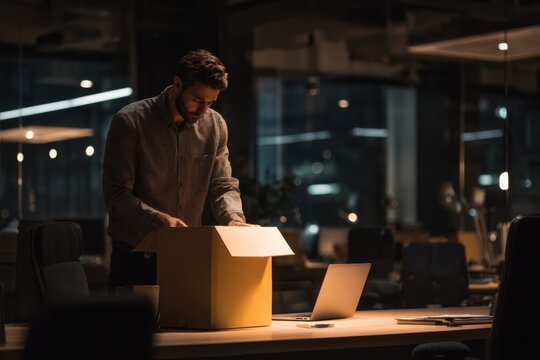 Upset employee gathering belongings from a desk, reflecting a quiet workplace transition