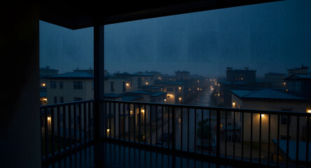Obraz premium A cozy apartment balcony overlooking a moody urban neighborhood during a dark rainy evening.