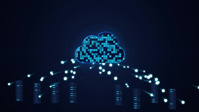 Data Cloud Network Server Connection Animation with Glowing Blue Digital Pixel Nodes Motion Graphics
