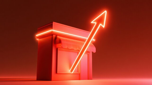 A glowing growth arrow rises above a shop stall. The scene represents success and potential in a bright environment.