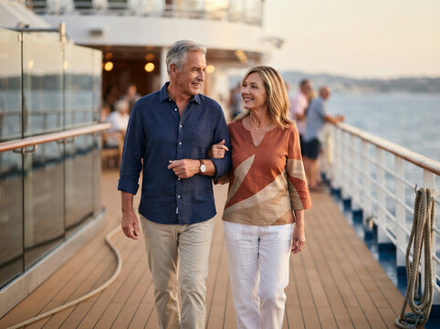 Older couple walking arm in arm along a wooden cruise ship deck outdoors