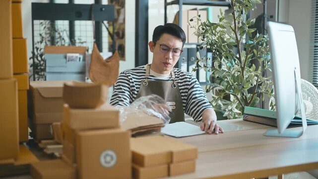 Asian small business owner reviewing order lists on a clipboard, checking cardboard box inventory for shipping in his workspace.