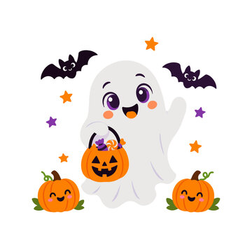 Cute Halloween Ghost with Candy Bag Pumpkins and Bats