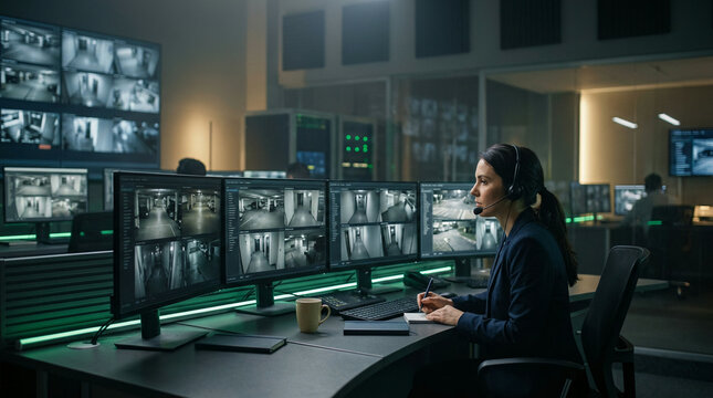 Woman with a headset typing in a dim security monitoring room in soft daylight