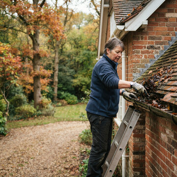 Woman on a metal ladder clearing a gutter beside a brick house in autumn