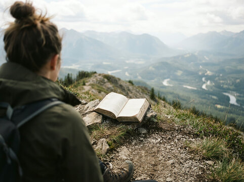 Person in a green jacket reading an open book on a rocky grassy hillside