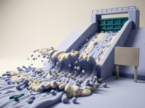 Spillway dam with flowing water and 3d render concept