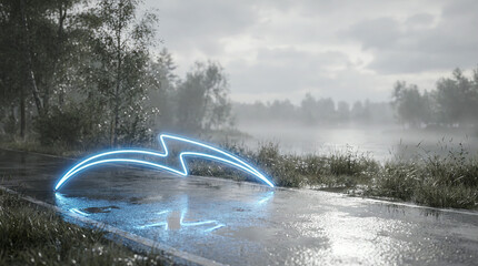 Obraz premium Glowing blue neon arrow on a wet asphalt road lined with dense green trees