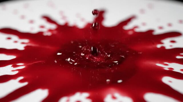 A single drop of viscous red liquid creating a dramatic splash upon impact with a white surface.
