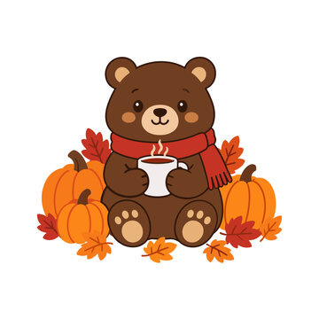 Cute Bear in Red Scarf Holding Warm Mug with Pumpkins and Leaves