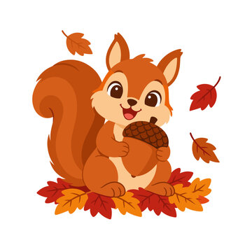 Cute Squirrel Holding Acorn Sitting on Autumn Leaves with Falling Foliage