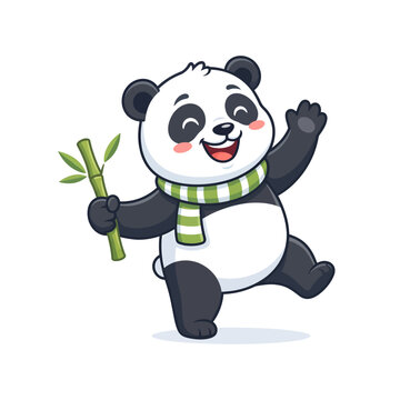 Chubby baby panda wearing a green striped scarf joyfully holds a bamboo stalk and waves, exuding happiness and a playful spirit.