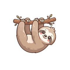 Fototapeta premium Sloth cartoon character with a sweet expression, gently hanging upside down from a tree branch with green leaves, embodying calmness and relaxation.