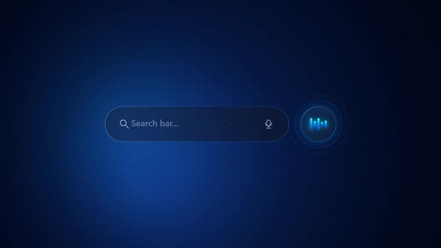 Modern digital search bar interface with voice activation technology button on a futuristic glowing blue background
