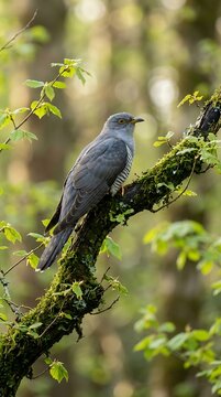 Gray cuckoo perched on branch in dense forest with vibrant green foliage and natural lighting