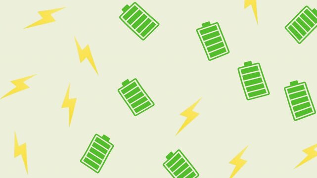 Seamless pattern of green batteries and yellow lightning bolts