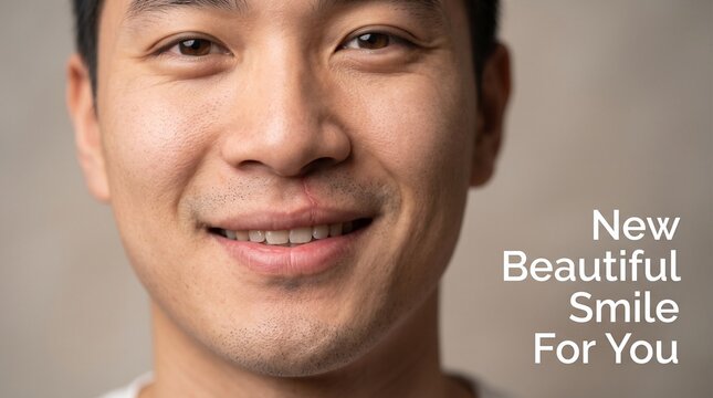 Close up portrait of happy asian man smiling with cleft lip smiel and clean teeth for dental care concept
