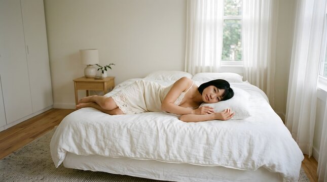 Peaceful young woman resting on a cozy white bed at home