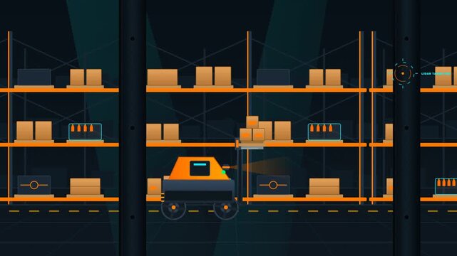 2D Animated automated warehouse forklift robot moving boxes in smart industrial storage facility