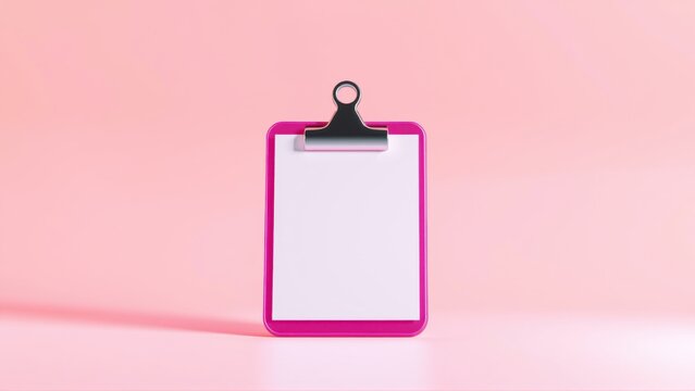 Pink clipboard sits upon surface. Blank paper visible, clip holds pages securely. Minimalist studio shot, soft lighting present.