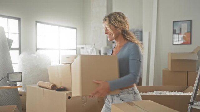 Woman carrying a large cardboard box and smiling while packing packages in a bright studio, tape, bubblewrap and stacked boxes visible; moving day joy.