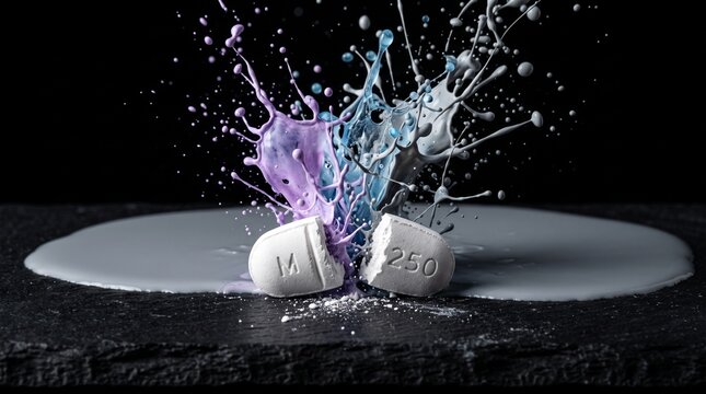 A single white pharmaceutical tablet lies broken in half on a dark slate surface. 