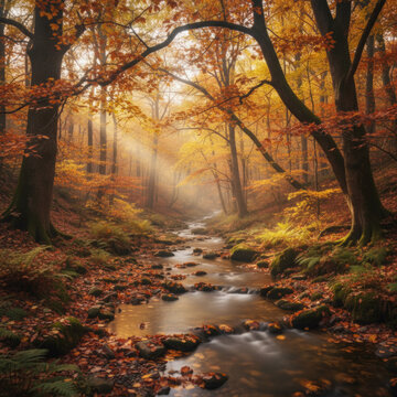 Misty Autumn Forest Stream Flowing Through Golden Sunlit Woodland With Fallen Leaves