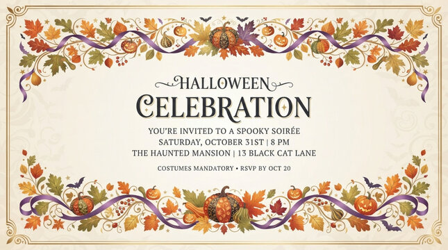 Elegant vintage style Halloween party invitation card with decorative pumpkin and autumn leaf border.