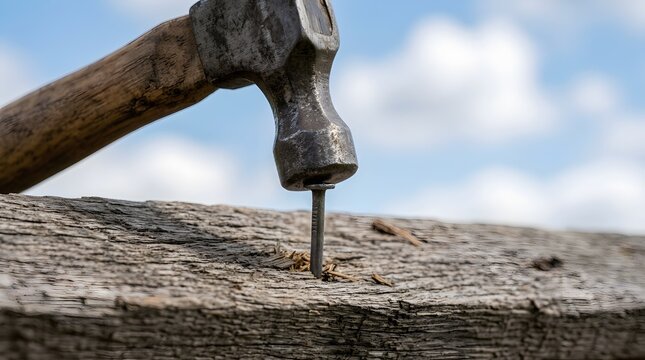 Close up of a hammer striking a nail into a piece of wood during woodworking activity outdoors