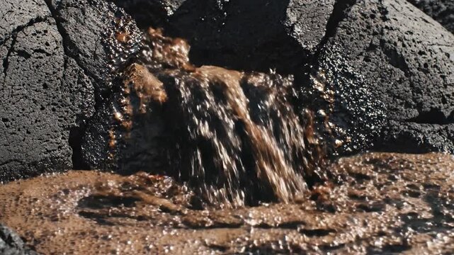 Frothy dark liquid erupting from a deep stone fissure in a rocky landscape.