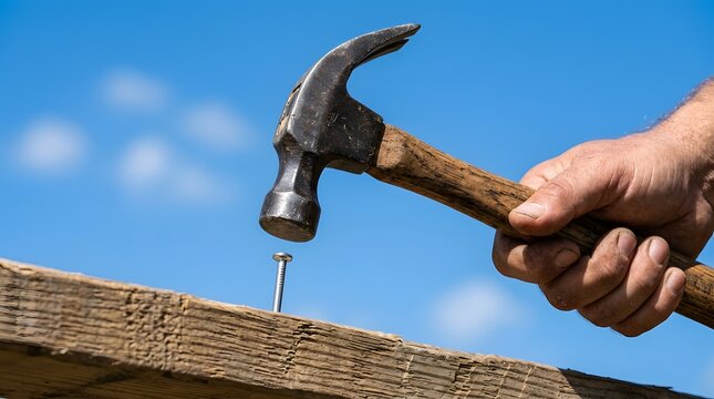 Person s hand using hammer to drive nail into wooden plank for construction or repair work outdoors under clear blue sky