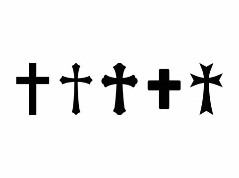 Christian cross icons set, black religious crucifix silhouettes, collection of 5 spiritual church symbols, gothic and celtic cross vector elements